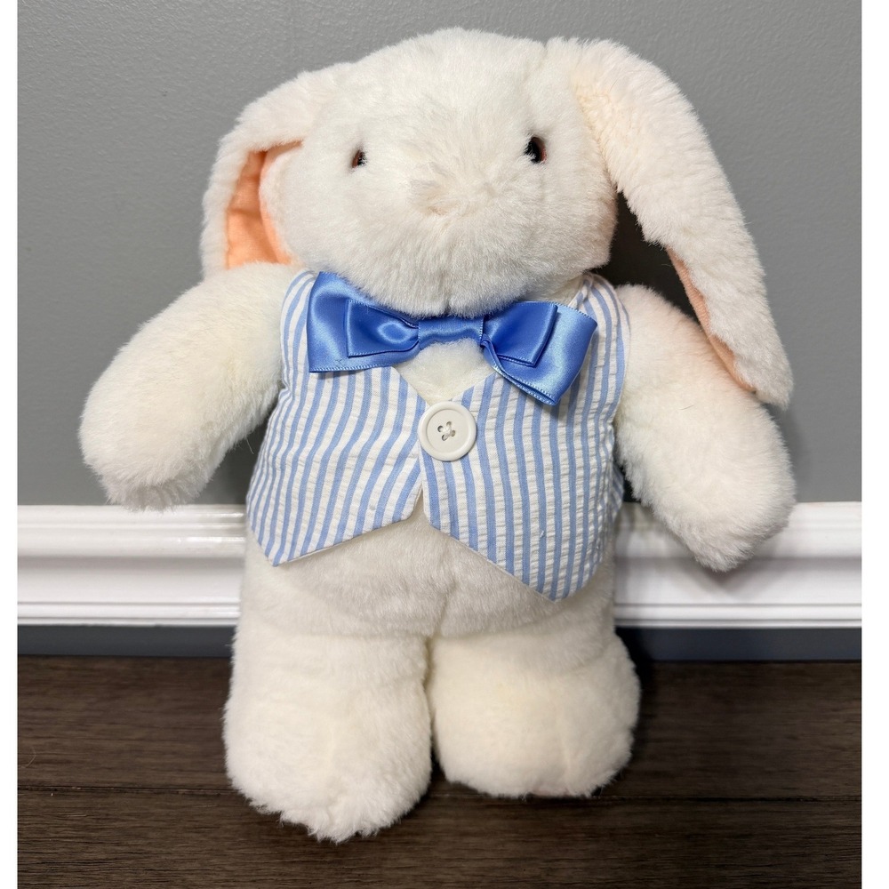 Hallmark Easter Bunny Plush Stuffed Animal Blue Seersucker Vest Bow Tie 12 Inch